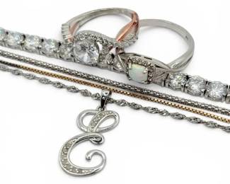 Sterling Silver Tennis Bracelet, Diamond Pendant, Rings, Chains 28g Total