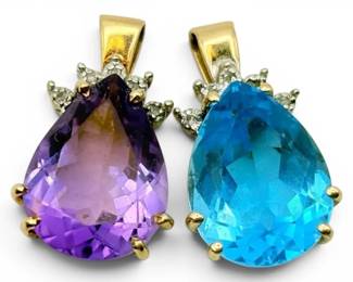 10k Gold Matching Pendants With Amethyst Blue Gemstones 6.9g Total