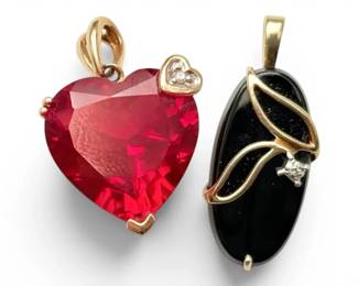 10k Gold Pendants With Red Black Onyx Stones and Small Diamonds 6.33g Total