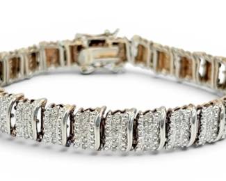 Sterling Silver Diamond Link Tennis Bracelet 18.48g