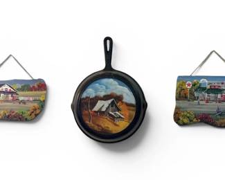 Hand Painted Scenes On Cast Iron Pan 2 Hanging Plaques