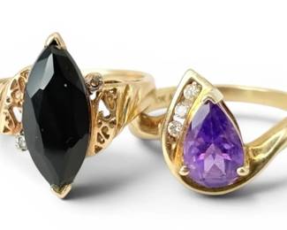 10k Gold Onyx Amethyst Rings with Diamonds 5.44g