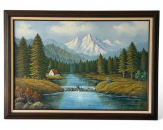 Framed Riverside Cabin Landscape Painting 41 X 29