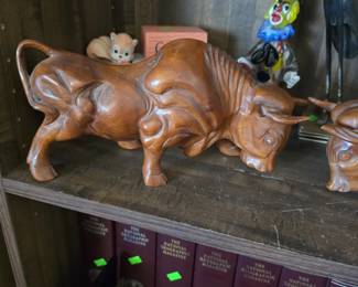  handcrafted wood bull sculpture features detailed carvings