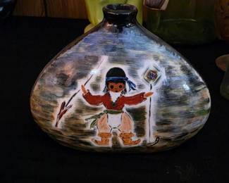 Vintage Glass vase features a hand-painted folk art scene