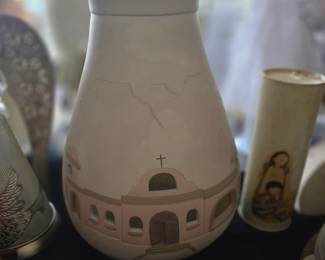 vintage Southwestern pottery illuminary candle holder features a hand-painted mission church design and cut-out details
