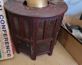 vintage Anglo-Indian end table features intricate floral wood carvings