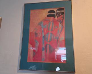 work by artist Dolona Roberts, often featuring Native American women in patterned blankets