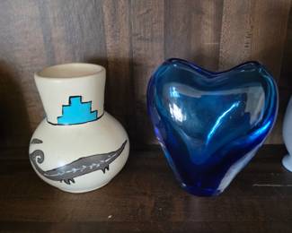 cobalt blue art glass vase &  beige pottery jar