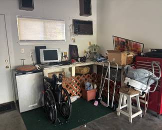 Small fridge, tool cabinet, various