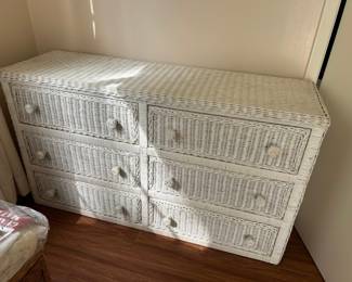 Vintage White Wicker Dresser  Some minor damage in places 53” across x 17” deep x 30” tall. Must be able to move down from upstairs and load yourself