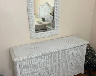 Vintage Wicker Dresser & Mirror Set  Good condition 54” long x 18” deep x 29” tall Must be able to move down from upstairs and load yourself  **We have the matching nightstand, headboard & rocking chair for sale as well