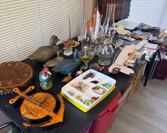 Oil lamps, collectibles, etc