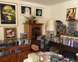 dvds, cds, artwork, lamps, end table, collectables