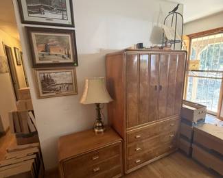 armoire, night stand, lamps, artwork