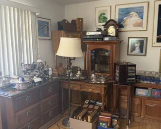 vintage silver, artwork, lamps, end tables, cabinets, table, frames