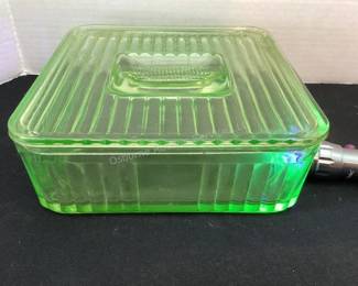 Green Depression glass uranium refrigerator dish