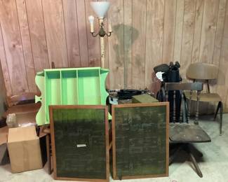 Chairs, MCM glass panels, wood shelf & more