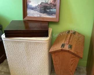Hamper, Oak sewing stand, jewelry chest
