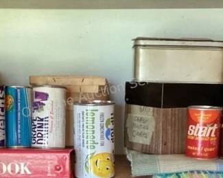 Recipe boxes, vintage metal juice cans & more