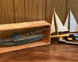 Aircraft carrier model, wood sailboats