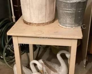 Swan planters, nail keg & more