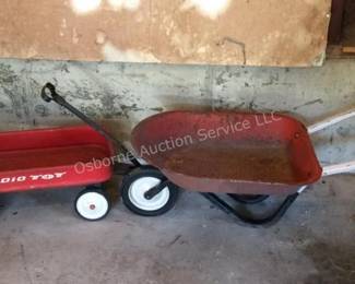 Child's red wagon & wheelbarrow