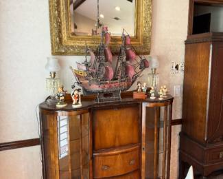 Antique Display Cabinet, Lamps, Mirror, Ship, Hummels