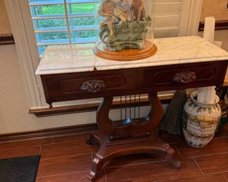 Antique Mahogany Rose Lyre Harp Marble Top Table