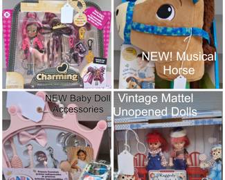 New toys, musical horse, raggedy ann, baby doll accessories