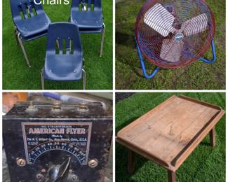 Vintage chairs, wooden table, train transformer, Patton shop fan