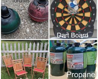 Dart board, antique slat chairs, smudge pots