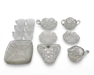 0696 Cut  Pressed Glass Tableware Lot, Hobstar Patterns