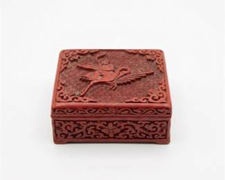 Chinese Carved Cinnabar Lacquer Box, Crane Motif