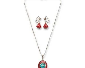 88 Tibetan Endless Knot Coral  Turquoise Pendant Set