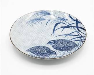 380 Kazan Arita Porcelain Blue  White Quail Plate, Japan