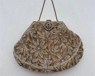 0518 HandBeaded Pearl Evening Bag, Gold Frame, w Mirror