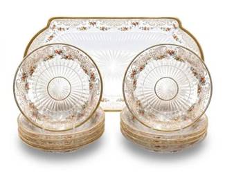 617 Antique Bohemian Enameled Cut Glass Dessert Set, Tray  12 Bowls, 13 Pieces