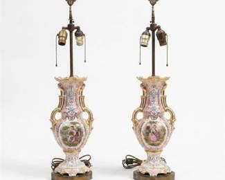 365 Old Paris Porcelain Figural Vase Table Lamps, Pair