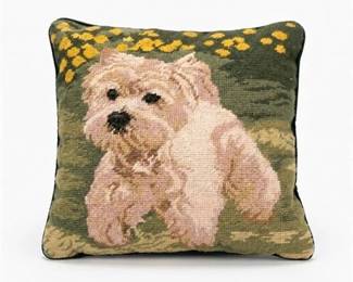373 Westie Needlepoint Wool Pillow, Green Velvet Back