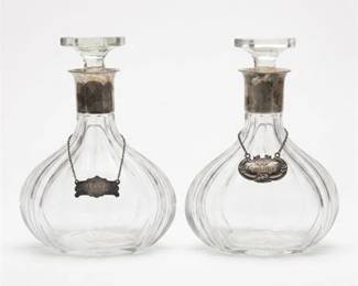 0414 Pair Paneled Glass Decanters, Silver Collars  Tags