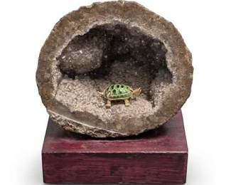 0448 Crystal Geode on Wood Base with Enamel Turtle Figurine