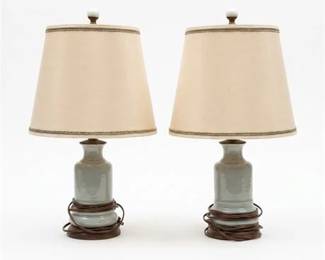 292 Pair Celadon Opaline Glass Boudoir Lamps, Brass Base