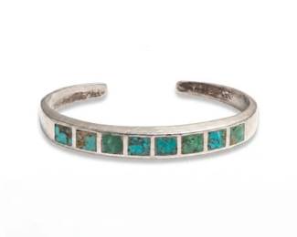 92 Southwestern Turquoise Row Inlay Silver Cuff Bracelet