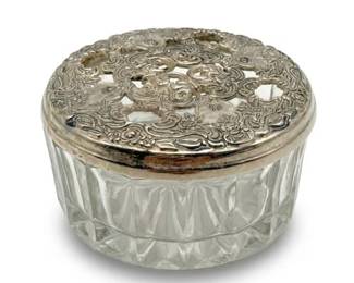0476 Cut Glass Vanity Jar Pierced SilverPlated Lid