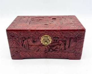 0219 Chinese Carved Red Wood Box, Figural Landscape