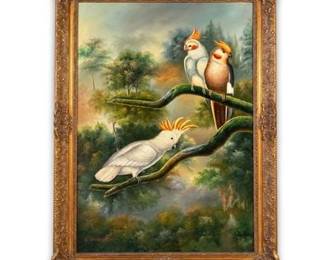 0734 A. Norman Cockatoo  Cockatiels Landscape Oil Painting