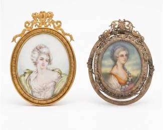 0311 Pair Portrait Miniatures, One Signed Garnier, Ormolu  Filigree Frames