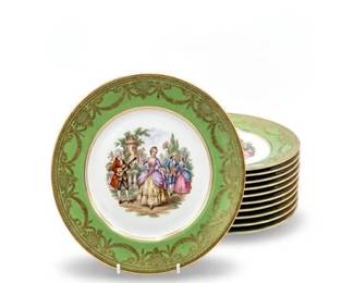 616 Set of 12 Green  Gilt Porcelain Cabinet Plates, Courting Scene
