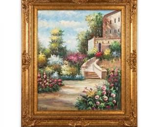 0718 F. Ronald Oil on Canvas Mediterranean Garden Landscape